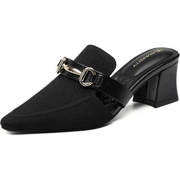 🆕Mousse Fit Black Mesh Knit Mules Women’s Pointed Toe Block Heel Slip-On Slides - Picture 1 of 5